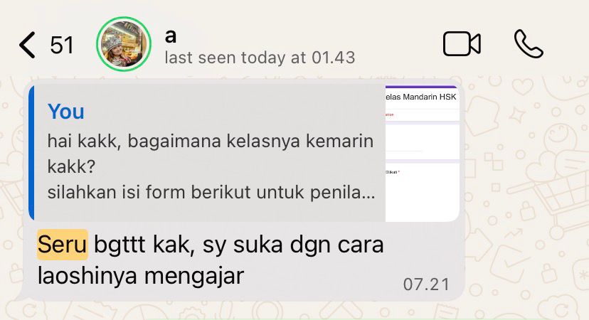 Testimoni WhatsApp — seru banget, suka cara laoshinya mengajar