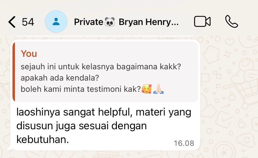 Testimoni WhatsApp dari Bryan Henry — laoshinya sangat helpful