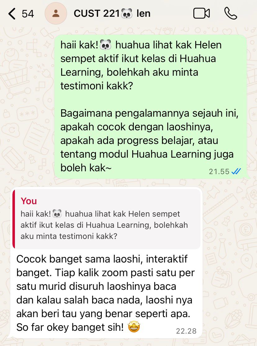 Testimoni WhatsApp dari Helen — cocok banget sama laoshi, interaktif banget