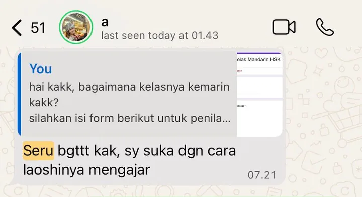 Testimoni WhatsApp — seru banget, suka cara laoshinya mengajar