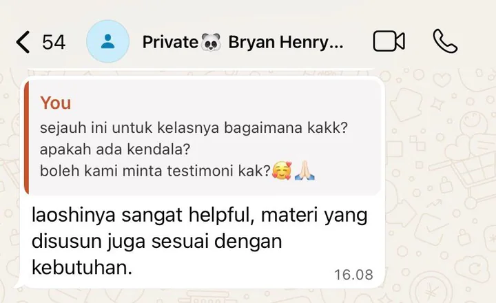 Testimoni WhatsApp dari Bryan Henry — laoshinya sangat helpful