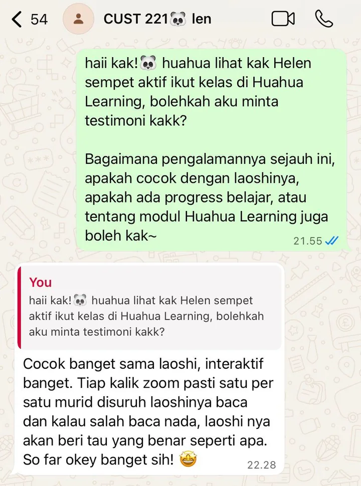Testimoni WhatsApp dari Helen — cocok banget sama laoshi, interaktif banget