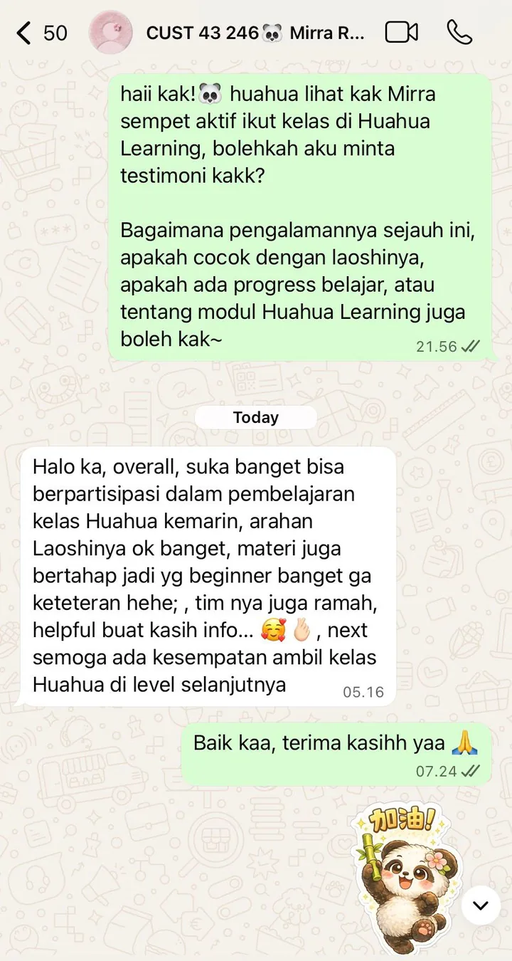 Testimoni WhatsApp dari Mirra — arahan laoshinya ok banget, materi bertahap